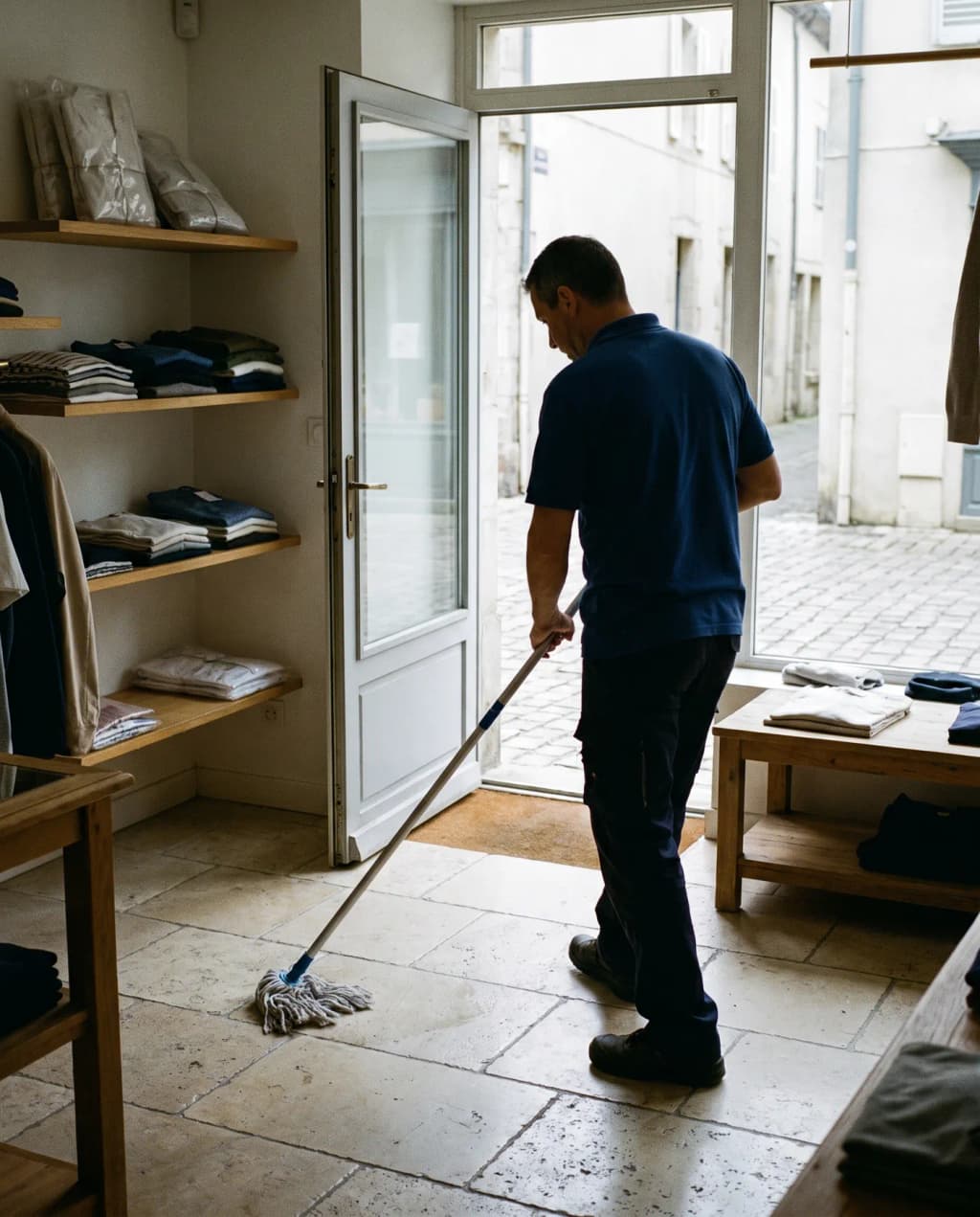 Agent d'entretien passant la serpillière dans une boutique avant l'ouverture, porte ouverte sur une rue pavée